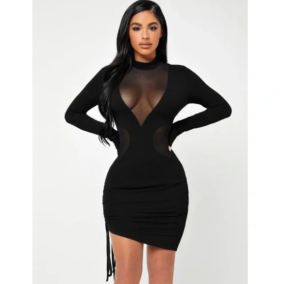 knee length dresses for ladies Black High Neck Long Sleeve Ruched Bodycon Mesh Midi Dress – AX Paris US main image 1